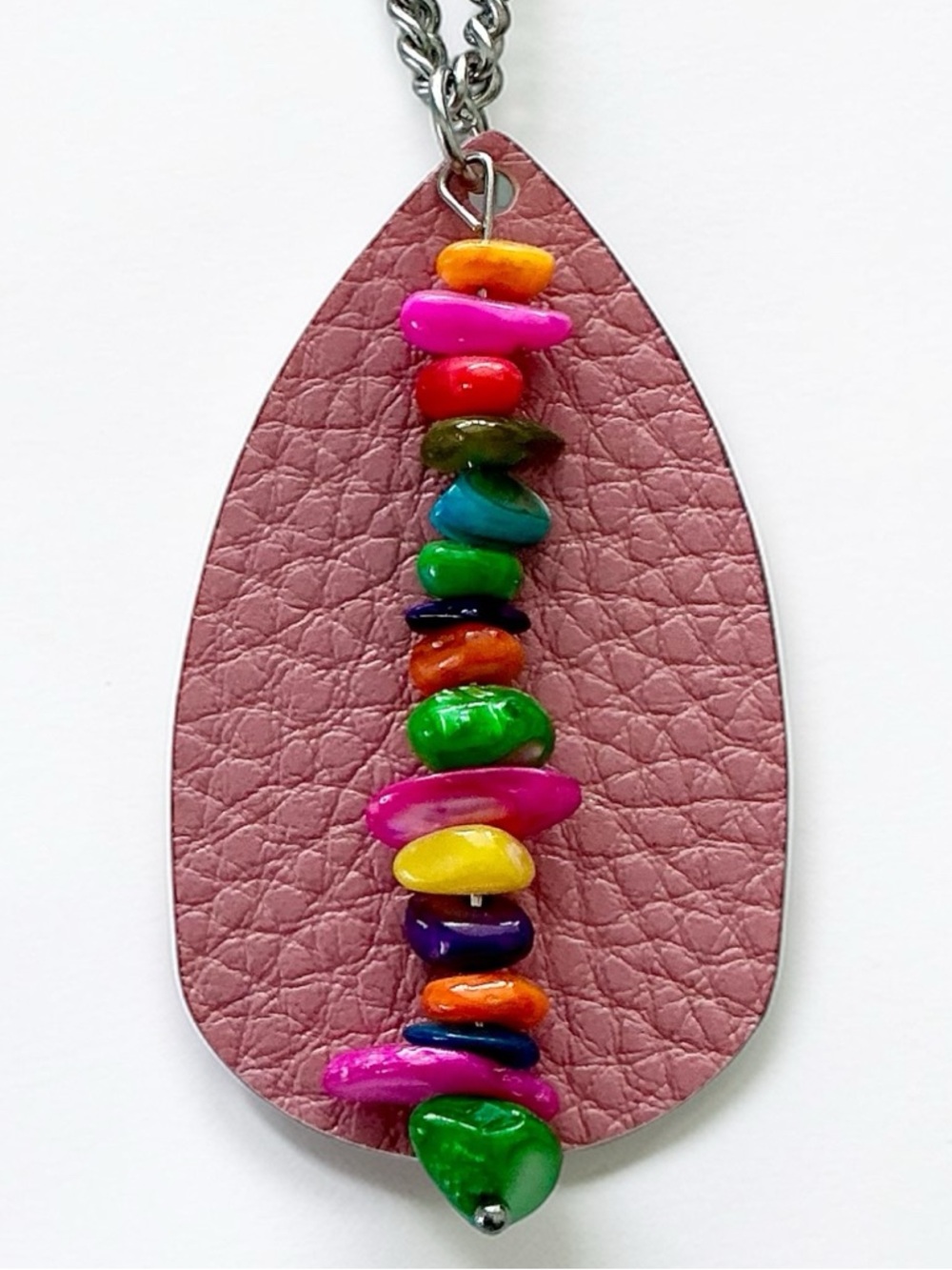 🆕 Gemstones and Faux Leather Pendant Necklace-Stainless Steel